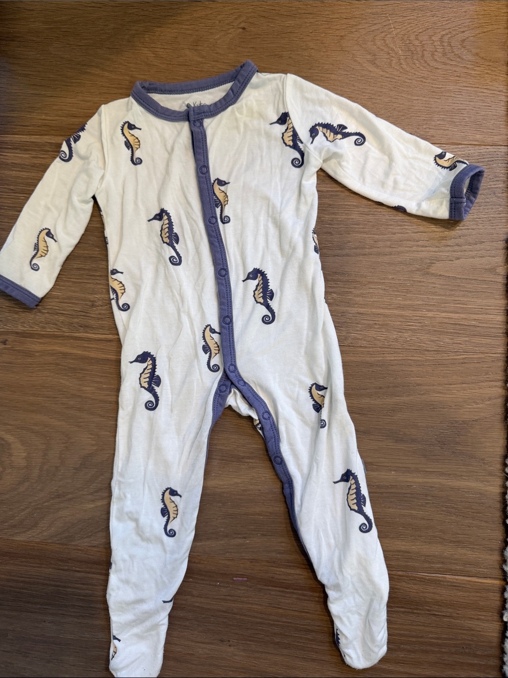 Kyte BABY Cream Footed One-Piece with Navy and Tan Seahorse Print